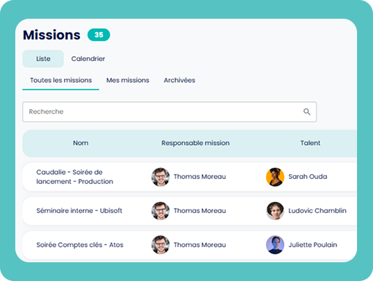Liste des missions avec responsable et talent affecté